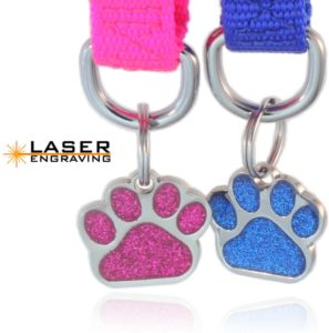 Pet ID Tags, Personalized Dog Tags and Cat Tags, Custom Engraved, Easy to Read, Cute Glitter Paw Pet Tag